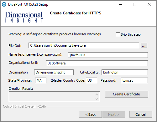 The Create Certificate for HTTPS window.